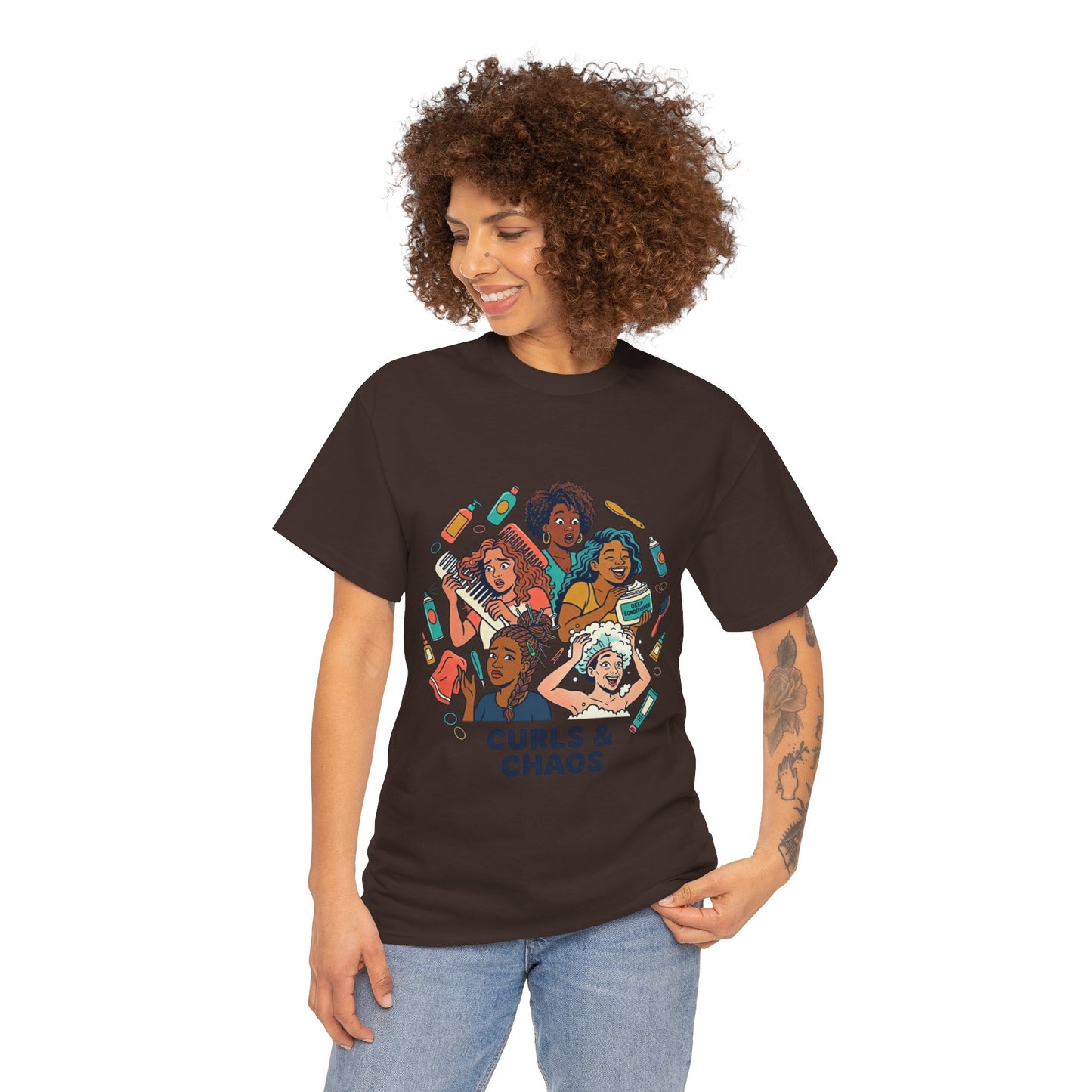 Curls & Chaos T-Shirt — Diverse Natural Hair Graphic Tee for Curly Hair Lovers