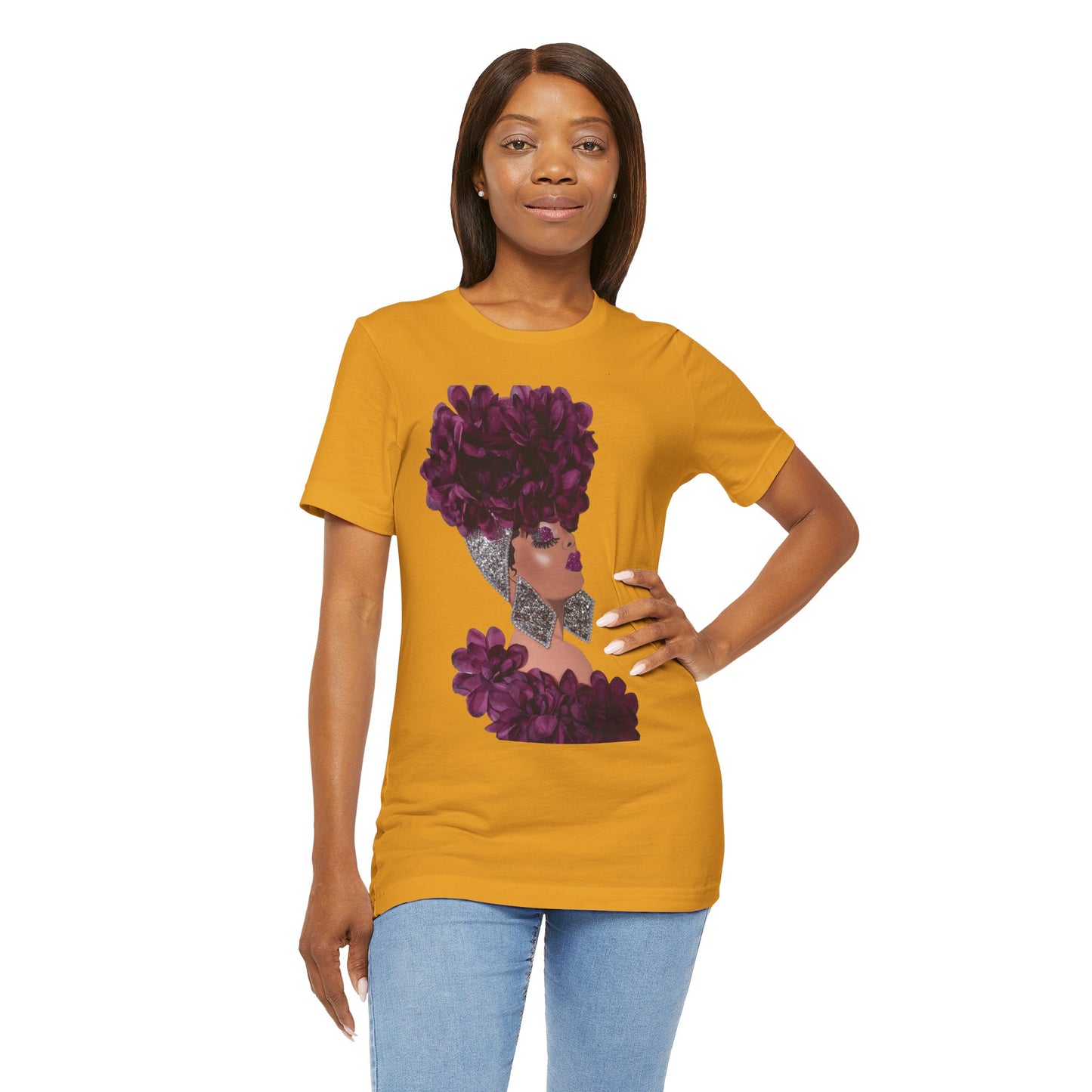 Floral Crown Fashion Tee — Glam Portrait Shirt with Purple Bloom Design