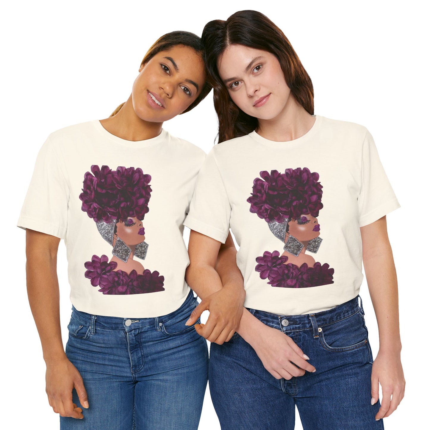 Floral Crown Fashion Tee — Glam Portrait Shirt with Purple Bloom Design
