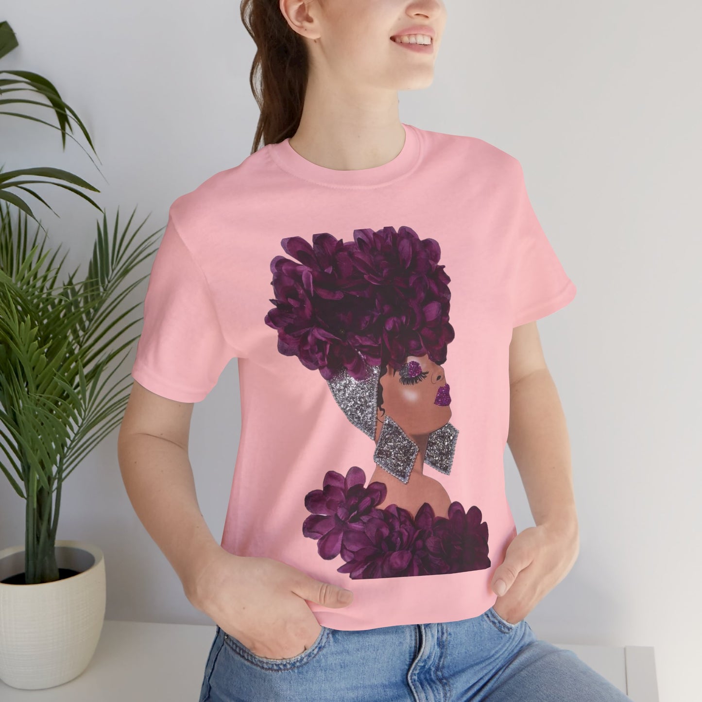 Floral Crown Fashion Tee — Glam Portrait Shirt with Purple Bloom Design