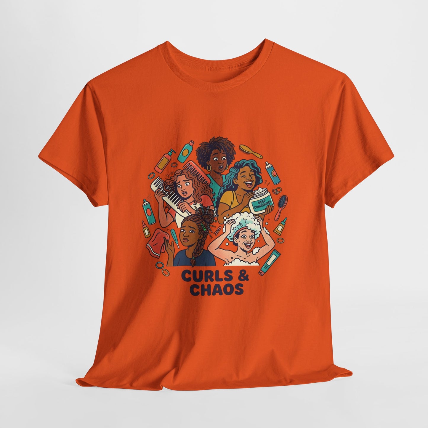 Curls & Chaos T-Shirt — Diverse Natural Hair Graphic Tee for Curly Hair Lovers