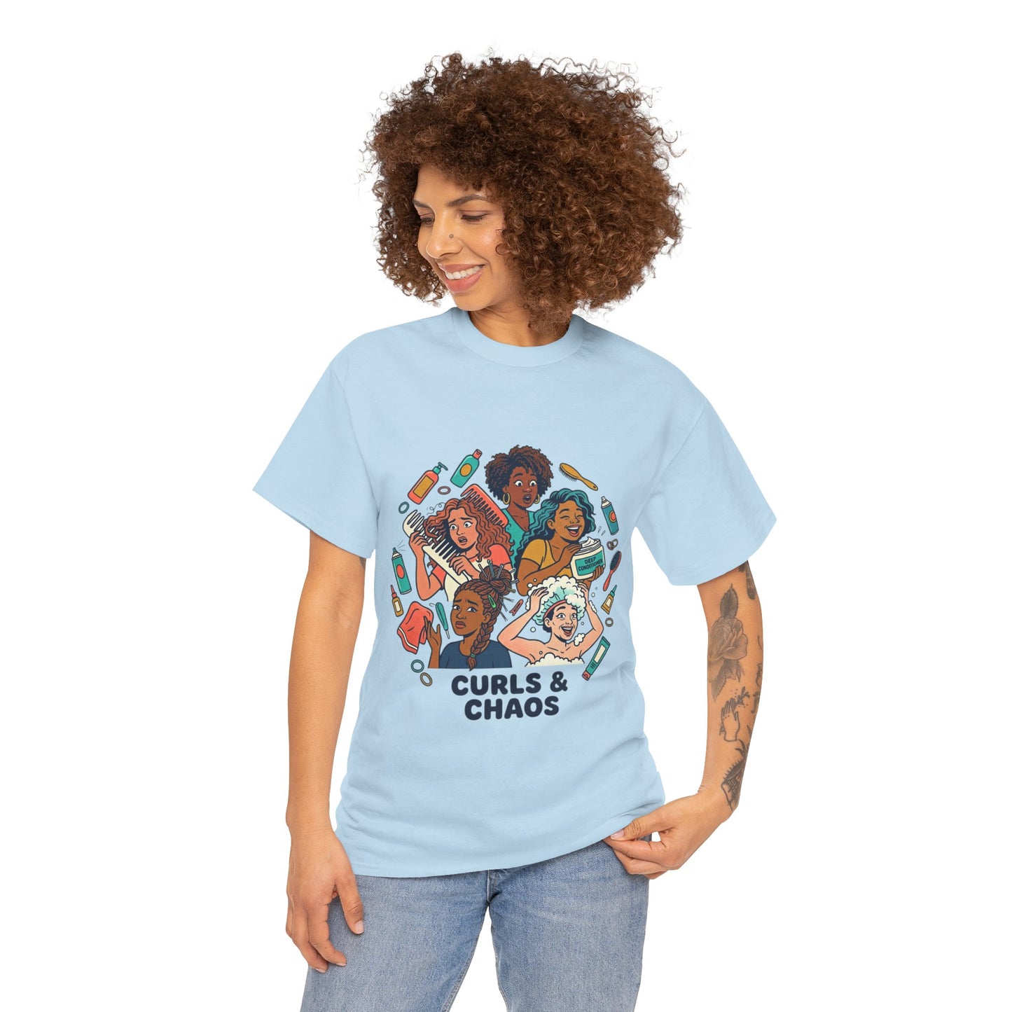 Curls & Chaos T-Shirt — Diverse Natural Hair Graphic Tee for Curly Hair Lovers