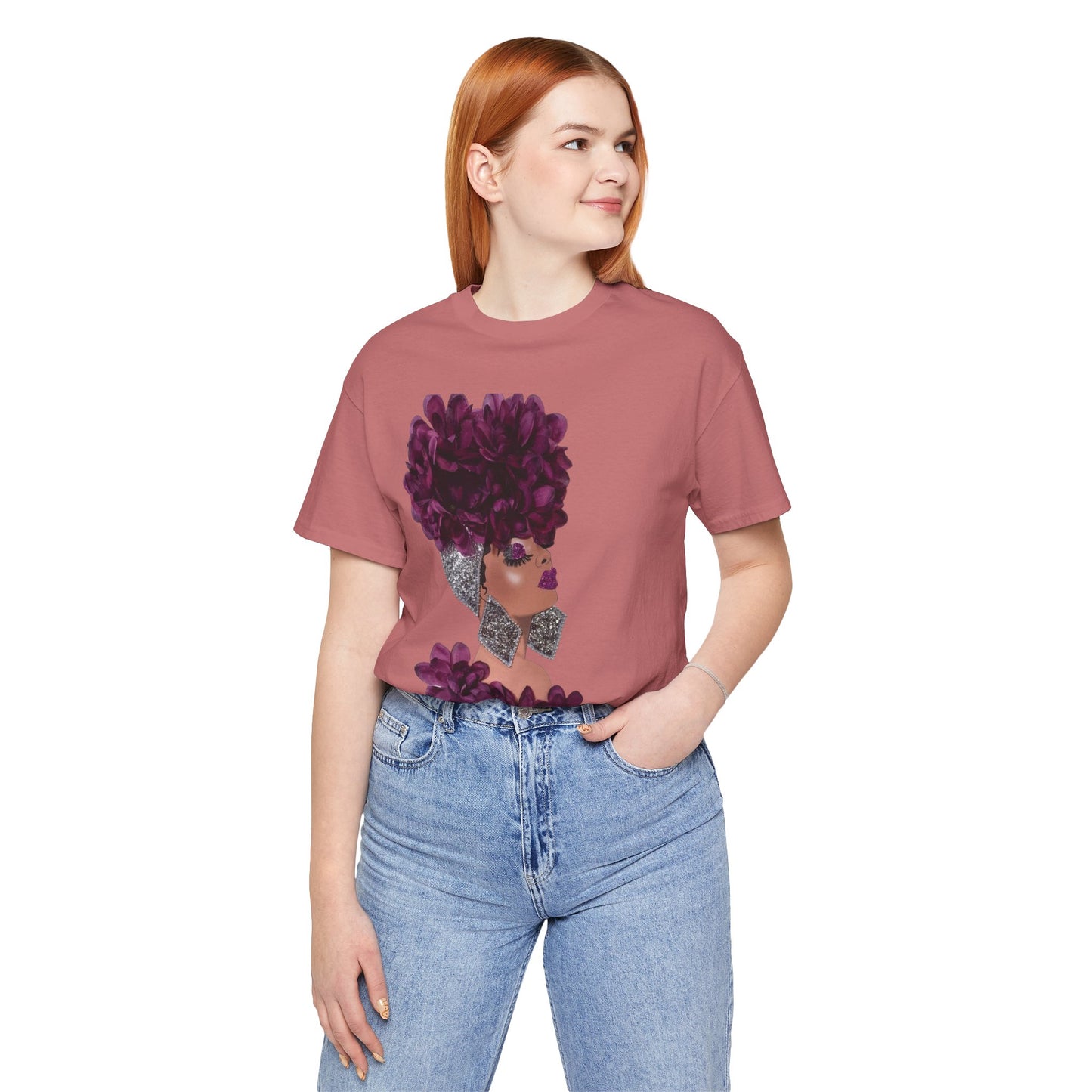 Floral Crown Fashion Tee — Glam Portrait Shirt with Purple Bloom Design