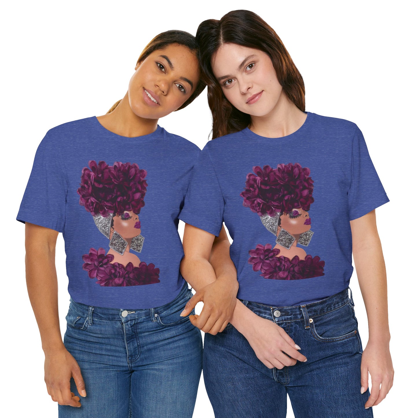 Floral Crown Fashion Tee — Glam Portrait Shirt with Purple Bloom Design