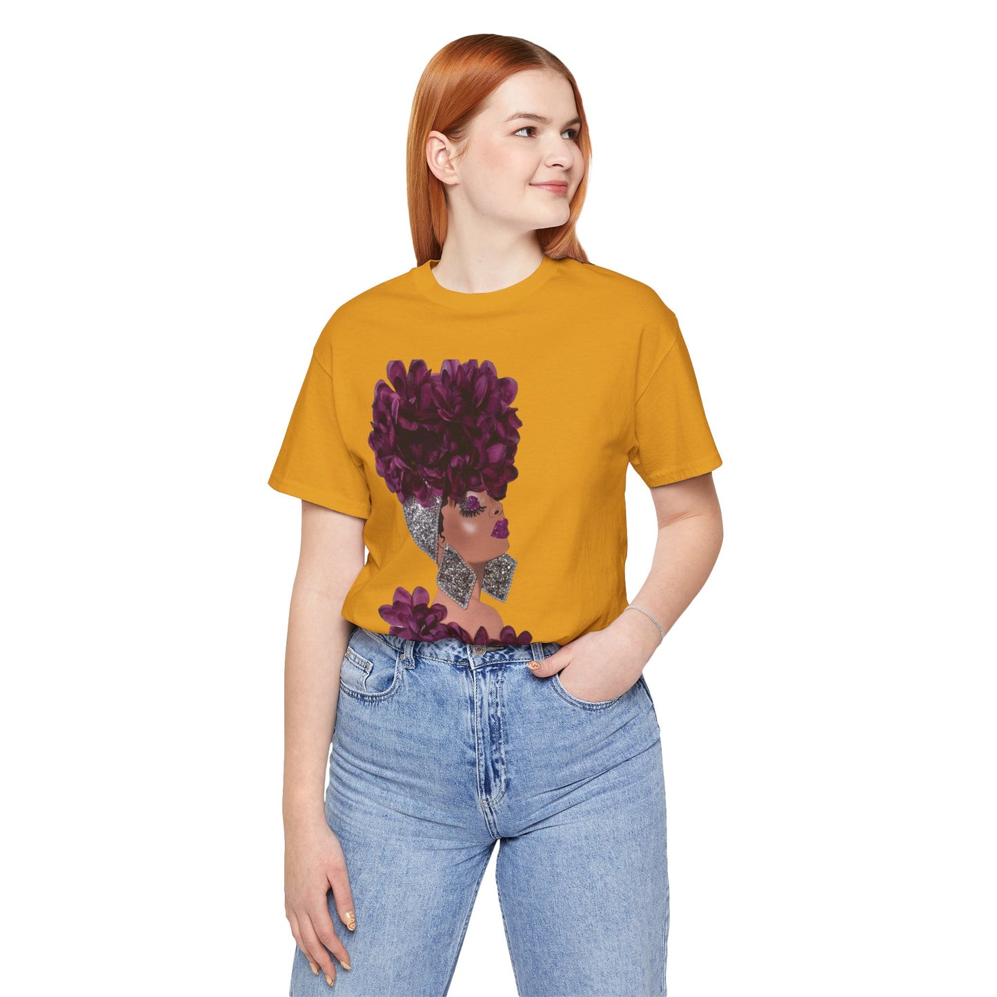 Floral Crown Fashion Tee — Glam Portrait Shirt with Purple Bloom Design