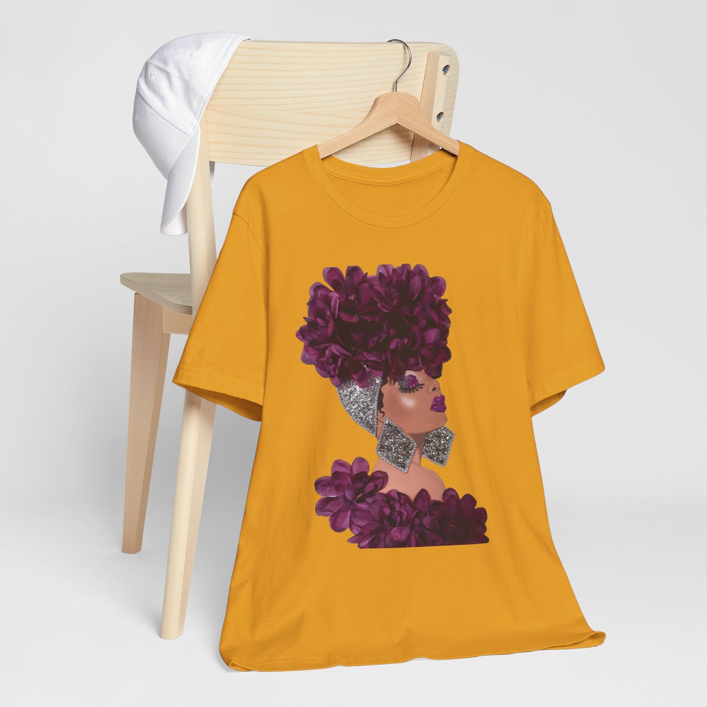 Floral Crown Fashion Tee — Glam Portrait Shirt with Purple Bloom Design