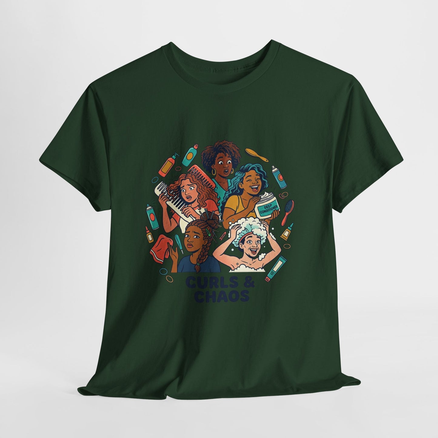 Curls & Chaos T-Shirt — Diverse Natural Hair Graphic Tee for Curly Hair Lovers