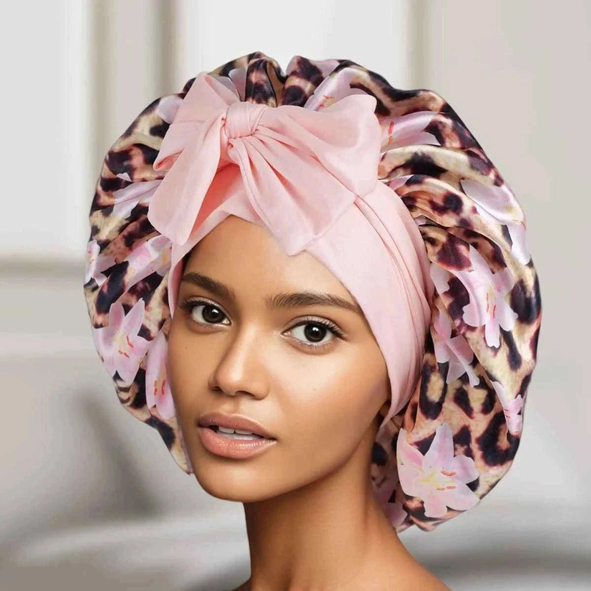 1pc Adjustable Sleep Hair Bonnet, Leopard and Lily Flower Printed Caps for Women, Adjustable Large Night Cap with Long Band