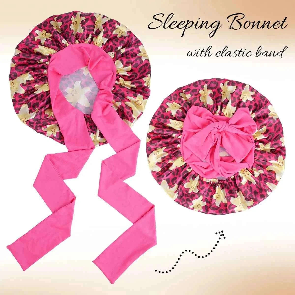 1pc Adjustable Sleep Hair Bonnet, Leopard and Lily Flower Printed Caps for Women, Adjustable Large Night Cap with Long Band