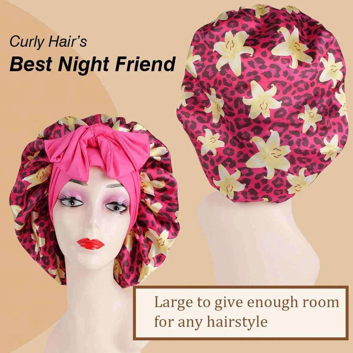 1pc Adjustable Sleep Hair Bonnet, Leopard and Lily Flower Printed Caps for Women, Adjustable Large Night Cap with Long Band