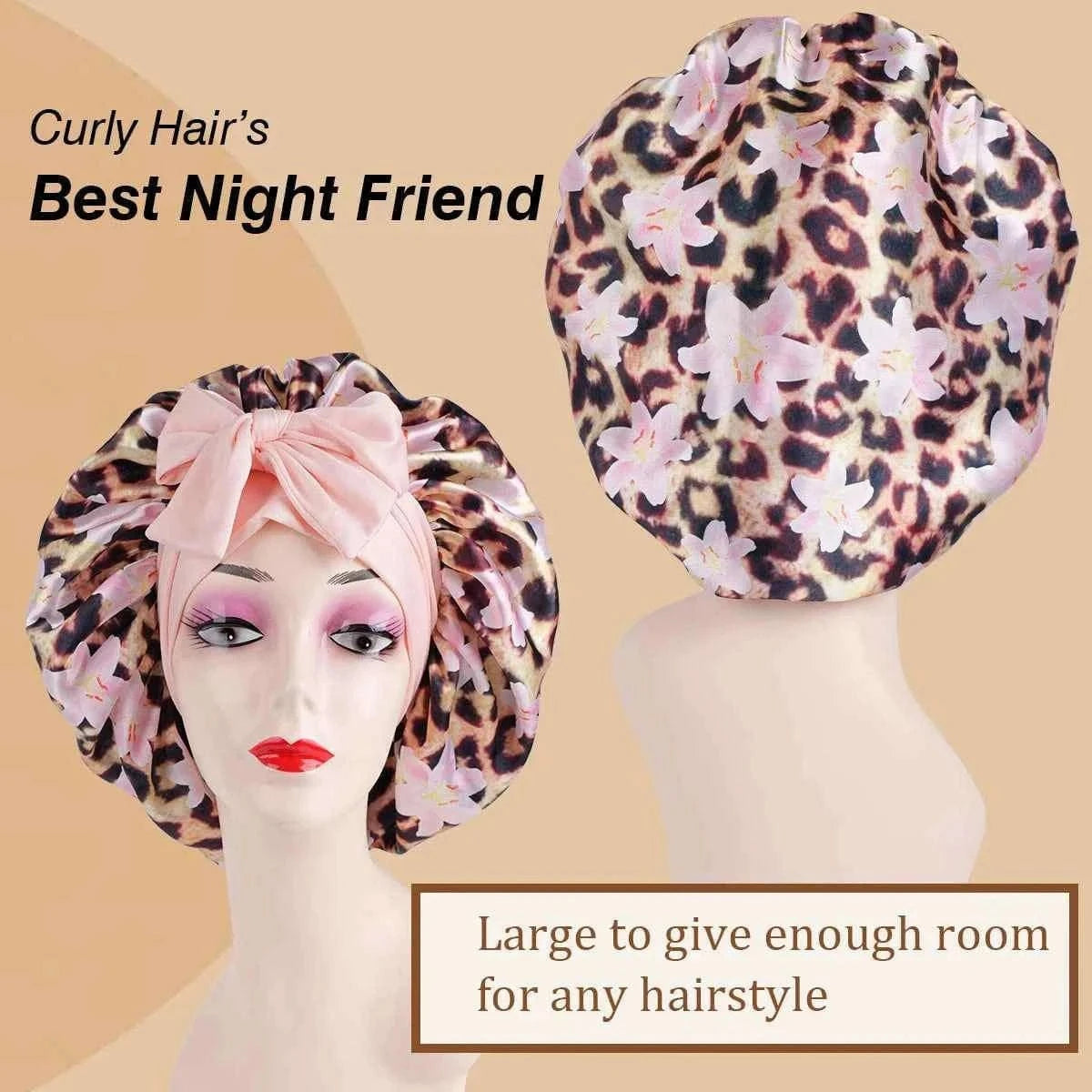 1pc Adjustable Sleep Hair Bonnet, Leopard and Lily Flower Printed Caps for Women, Adjustable Large Night Cap with Long Band