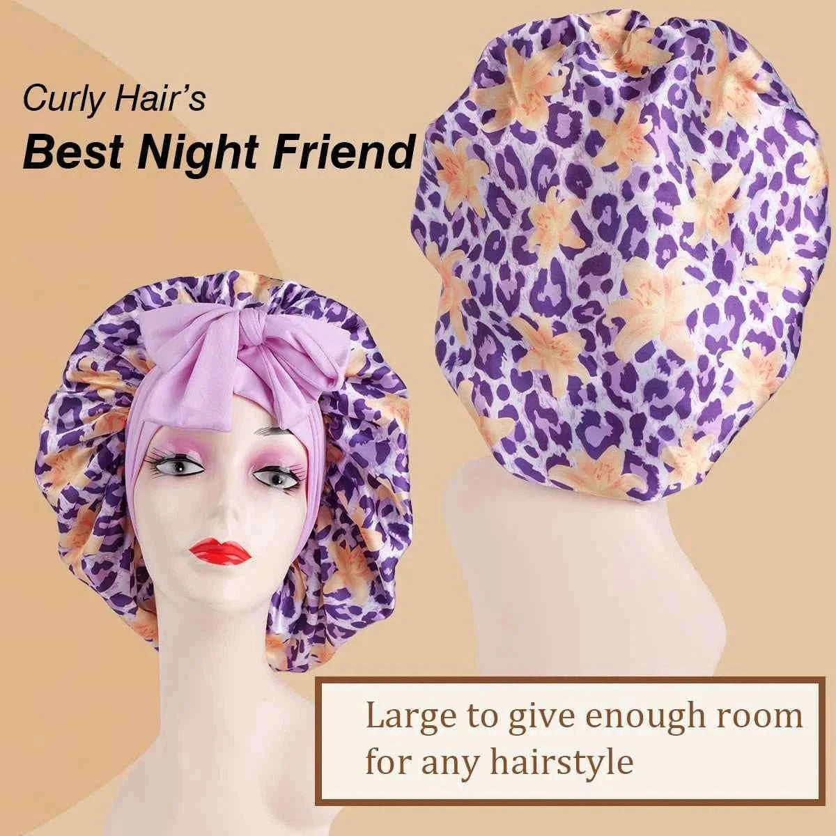1pc Adjustable Sleep Hair Bonnet, Leopard and Lily Flower Printed Caps for Women, Adjustable Large Night Cap with Long Band