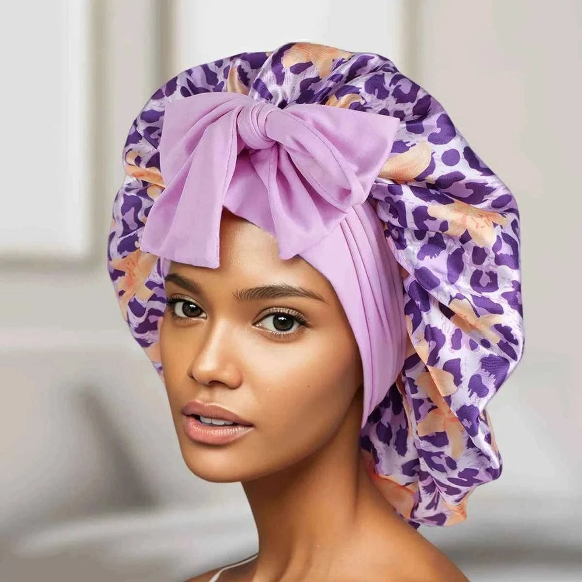 1pc Adjustable Sleep Hair Bonnet, Leopard and Lily Flower Printed Caps for Women, Adjustable Large Night Cap with Long Band