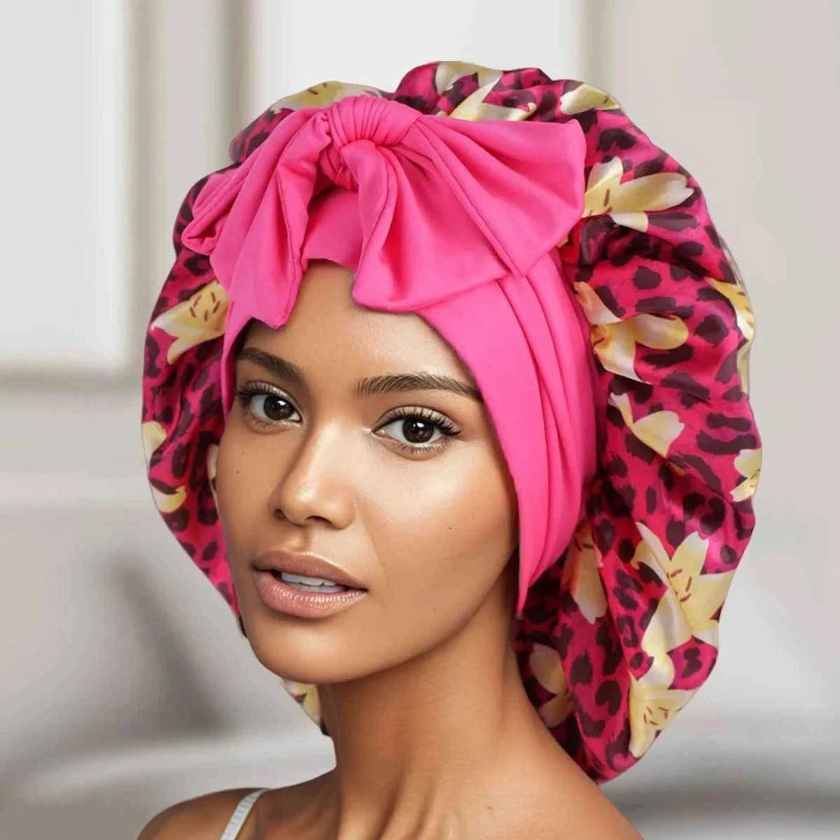 1pc Adjustable Sleep Hair Bonnet, Leopard and Lily Flower Printed Caps for Women, Adjustable Large Night Cap with Long Band
