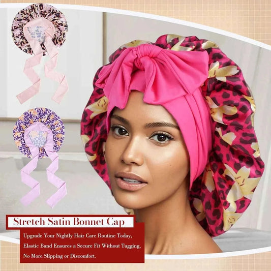 1pc Adjustable Sleep Hair Bonnet, Leopard and Lily Flower Printed Caps for Women, Adjustable Large Night Cap with Long Band