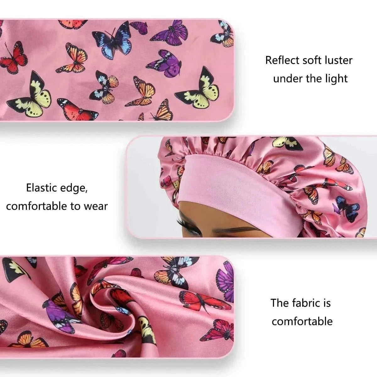 1PC Pink Butterfly Satin Sleep Bonnet & Headband Set - Adjustable Hair Protector for Daily, Makeup & Skincare Constellation