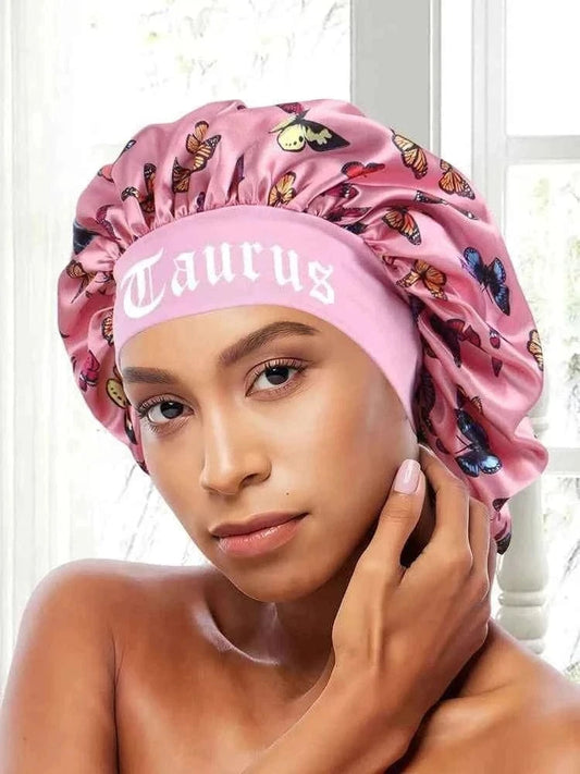 1PC Pink Butterfly Satin Sleep Bonnet & Headband Set - Adjustable Hair Protector for Daily, Makeup & Skincare Constellation