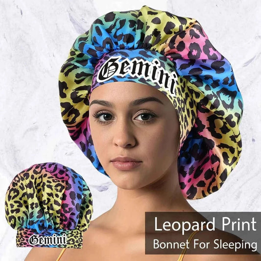 1pc Zodiac Sign Satin Sleeping Bonnet with Beauty Colorful Leopard Print- Featuring a Soft And Comfortable Wide-Brim Bonnet