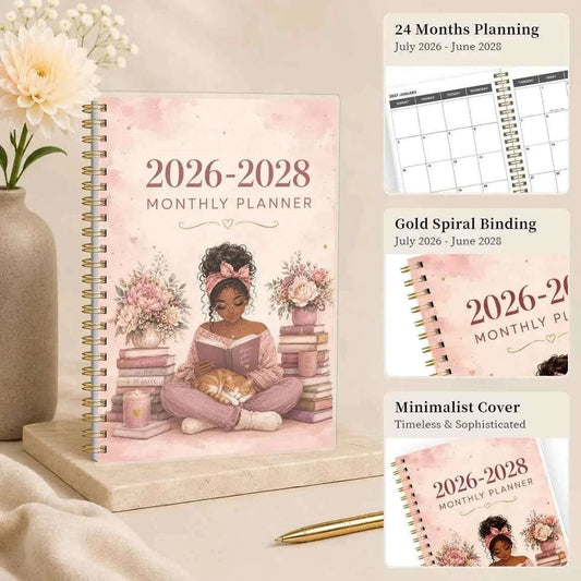 1PC 2026.7-2028.6 24 Monthly Planner, Reading Girl A5 Spiral Agenda Notebook with Reference Calendars and Notes Pages