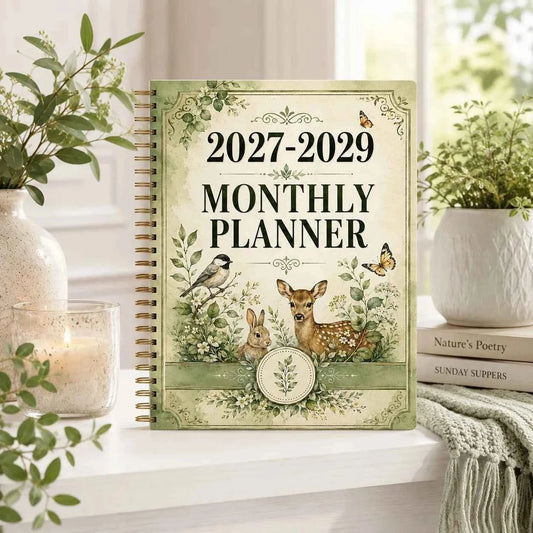 2027-2029 Forest Animal Wind Monthly Plan A5 Spiral Binding Schedule Booklet | Retro Plant Wind Long term Plan Book |