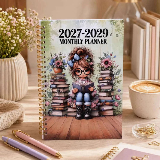 Vintage Floral Book Girl Monthly Planner 2027-2029 Gold Spiral Notebook Portable Monthly Calendar Organizer For Holiday Gift