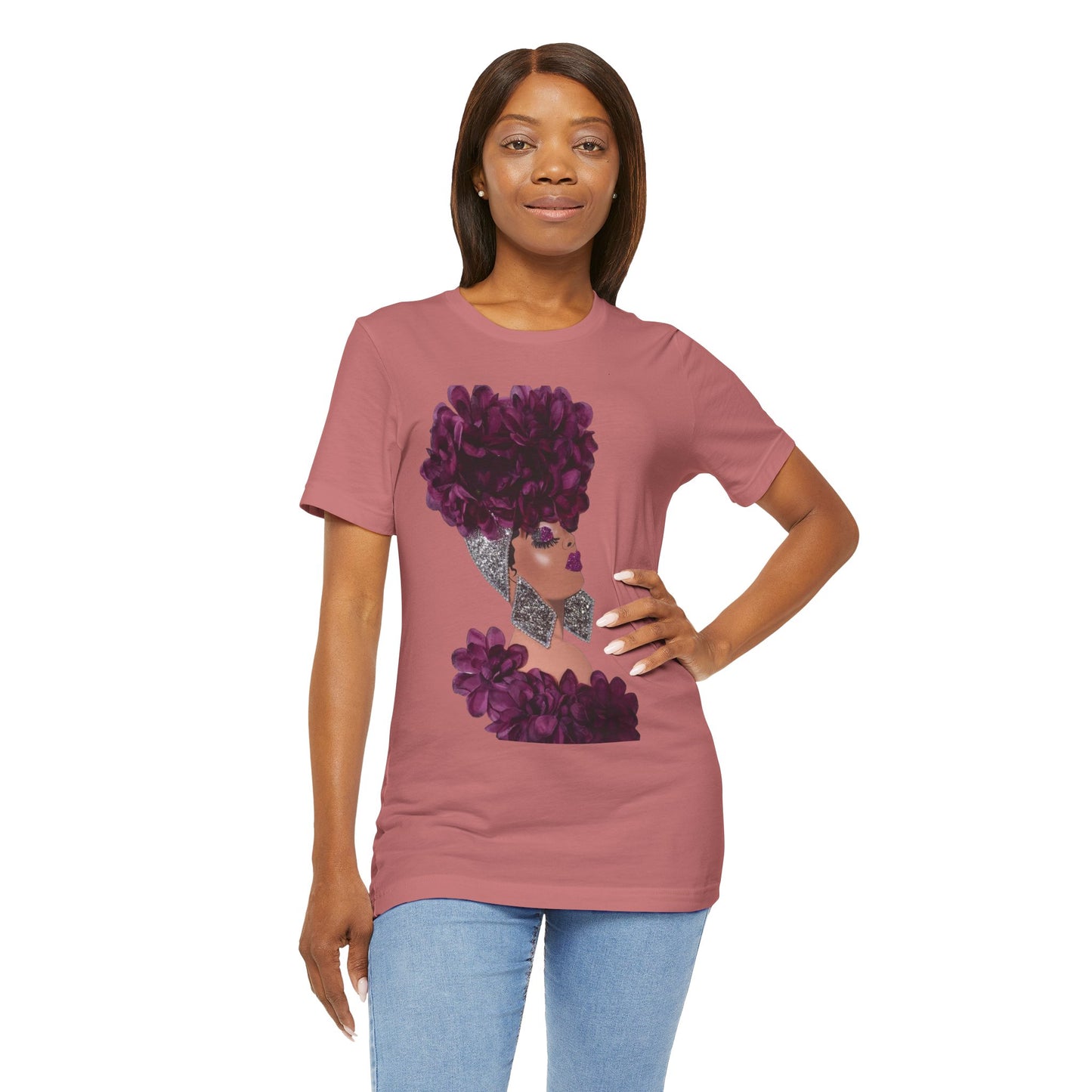 Floral Crown Fashion Tee — Glam Portrait Shirt with Purple Bloom Design
