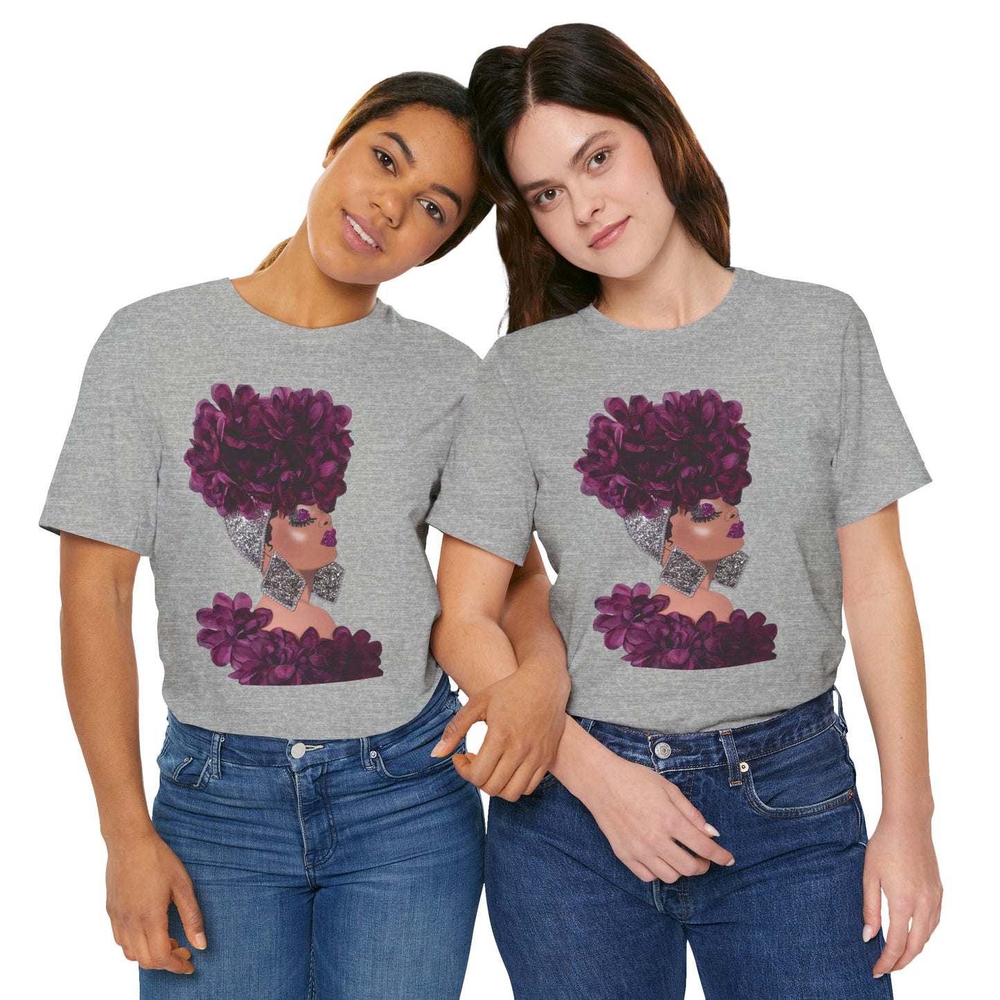 Floral Crown Fashion Tee — Glam Portrait Shirt with Purple Bloom Design