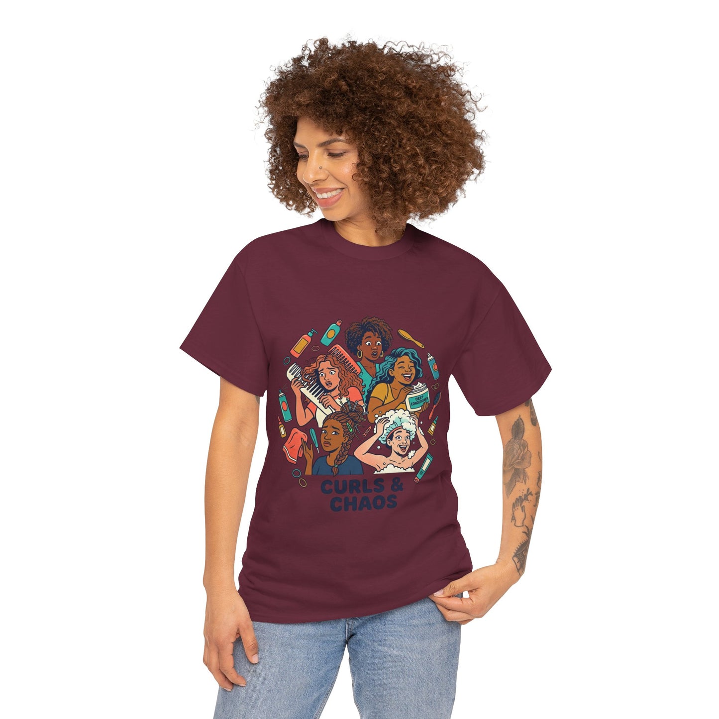 Curls & Chaos T-Shirt — Diverse Natural Hair Graphic Tee for Curly Hair Lovers