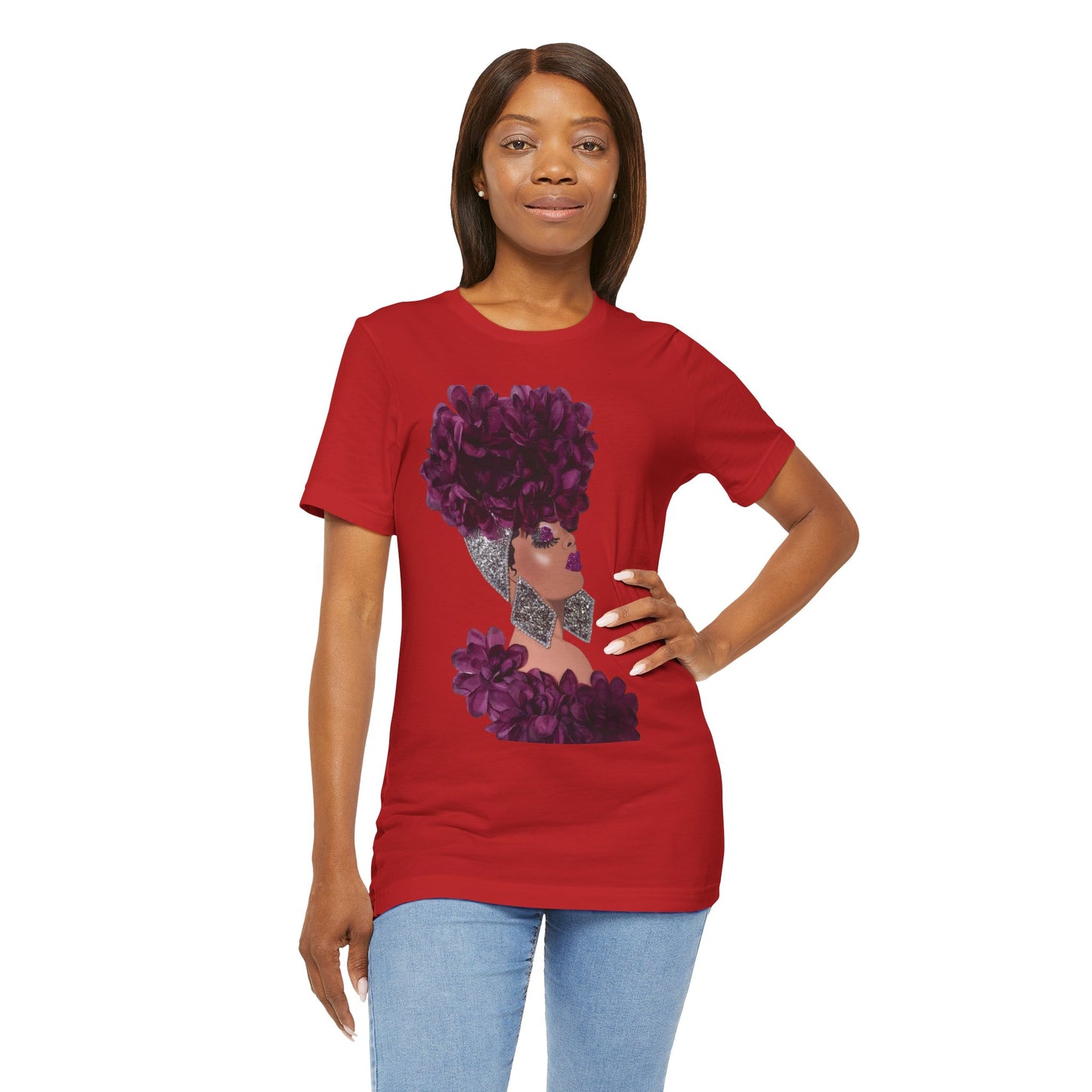 Floral Crown Fashion Tee — Glam Portrait Shirt with Purple Bloom Design