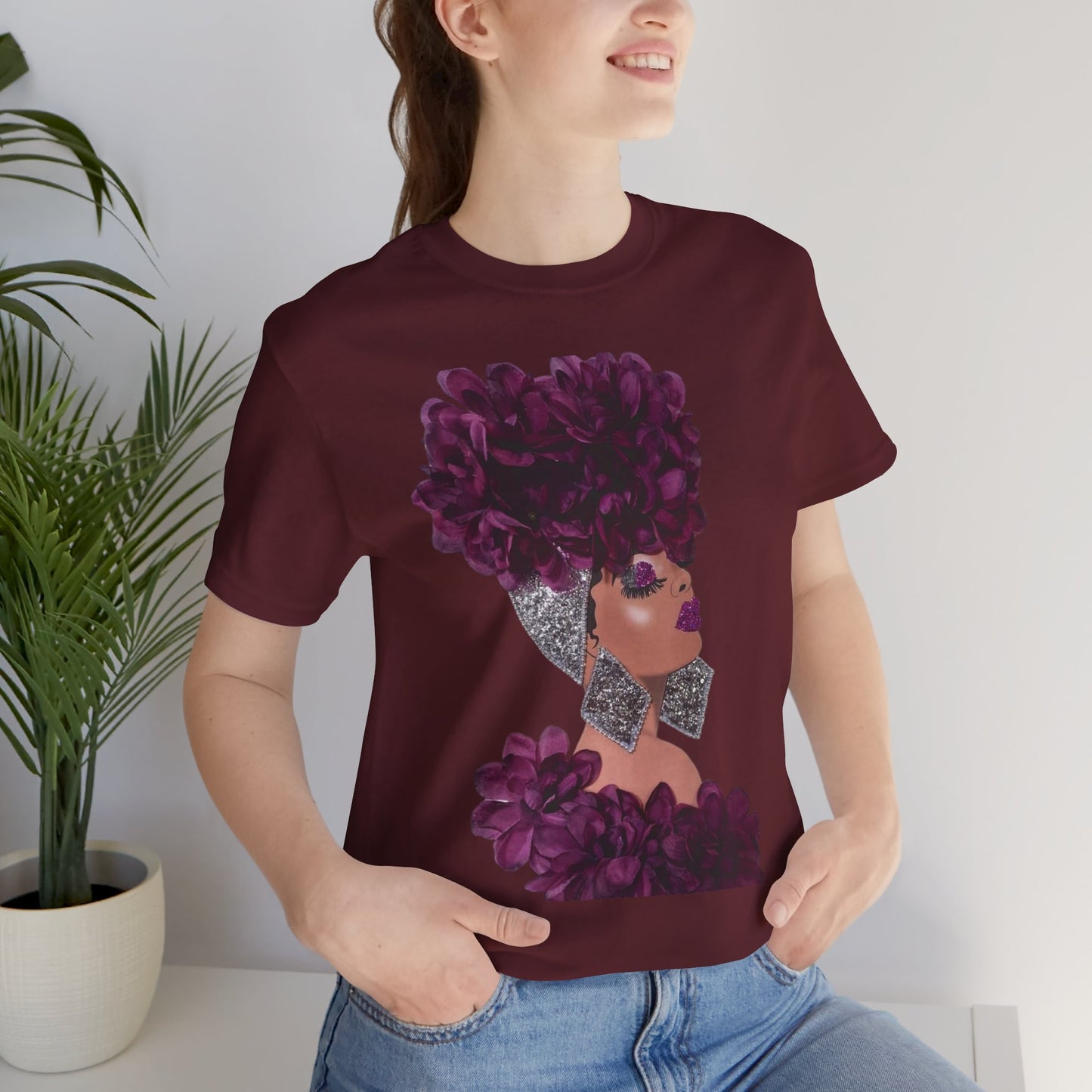 Floral Crown Fashion Tee — Glam Portrait Shirt with Purple Bloom Design