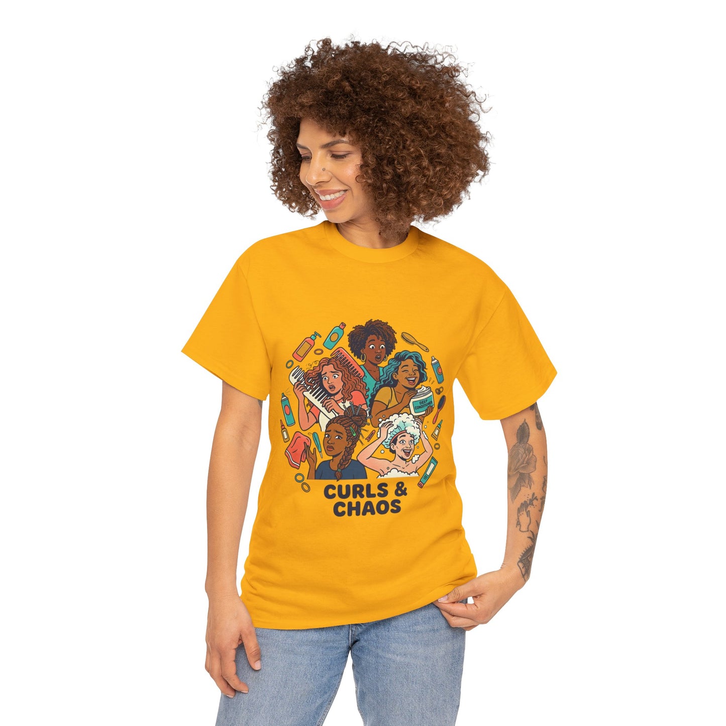 Curls & Chaos T-Shirt — Diverse Natural Hair Graphic Tee for Curly Hair Lovers