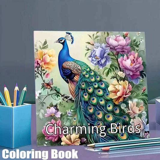 Bird-themed coloring book cover with a colorful peacock and blooming flowers