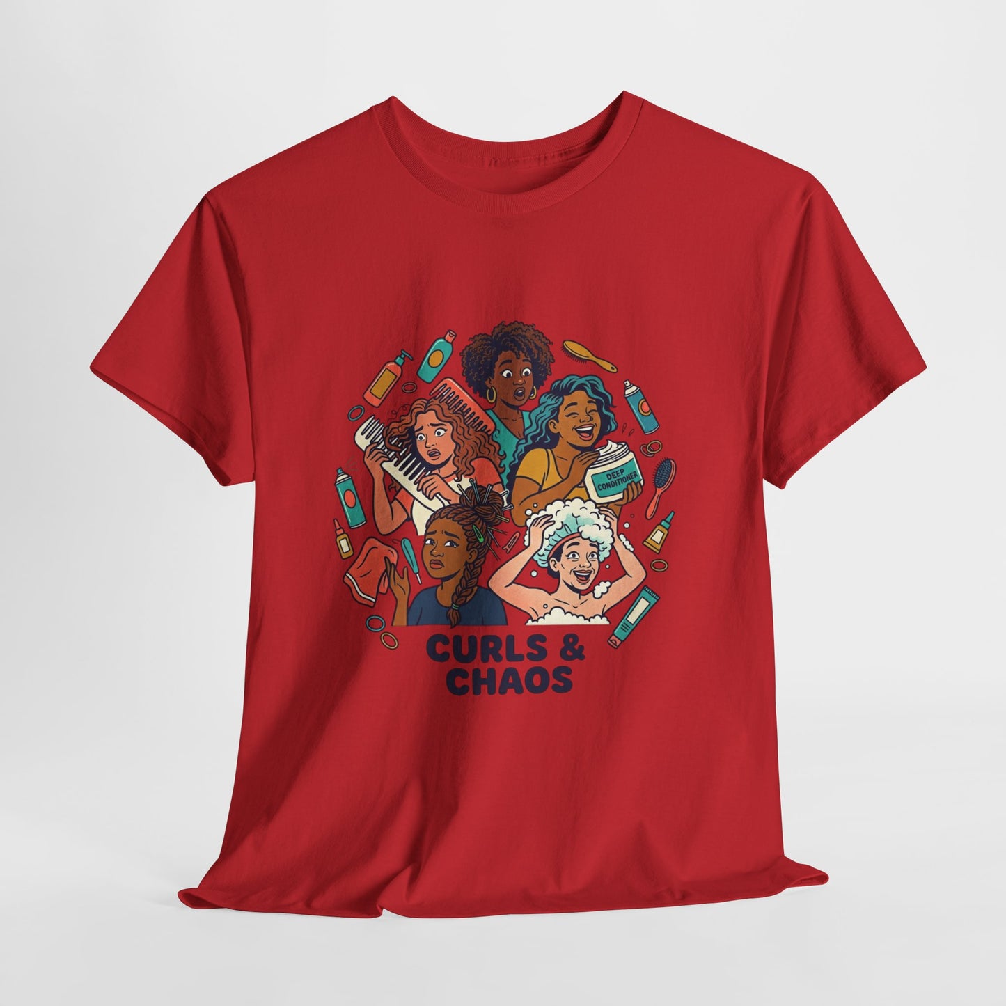 Curls & Chaos T-Shirt — Diverse Natural Hair Graphic Tee for Curly Hair Lovers
