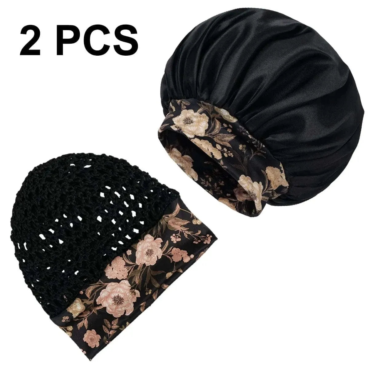 Black satin sleep bonnet with floral leopard band, paired with black knit net hair cap