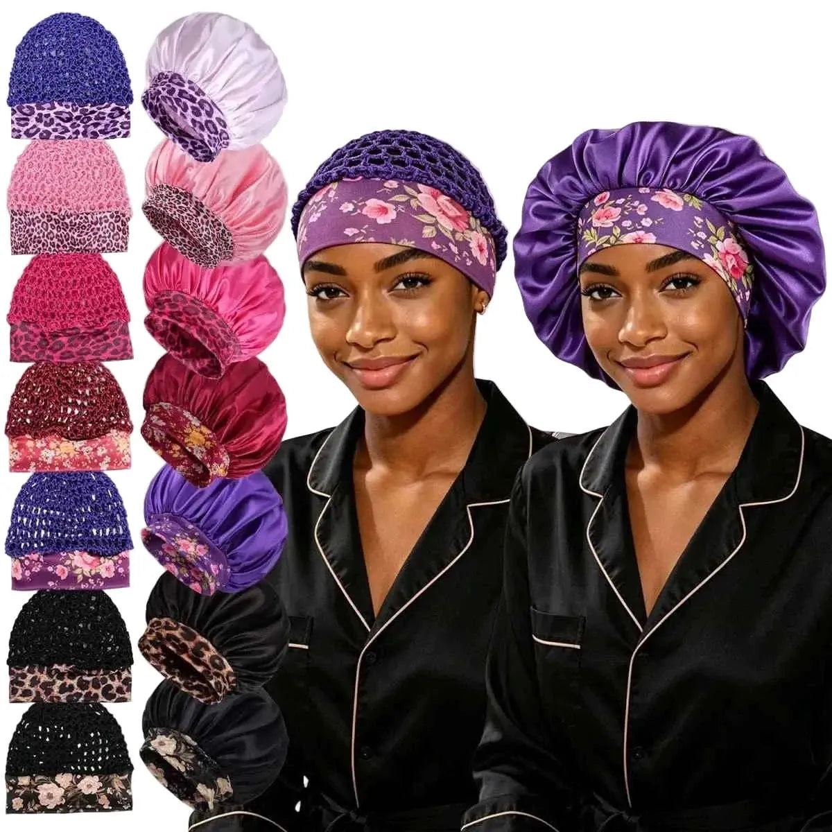 Wide-brim satin hair bonnet with floral band, paired with a knit net cap