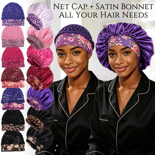 Wide-brim satin hair bonnet with floral band, paired with a knit net cap