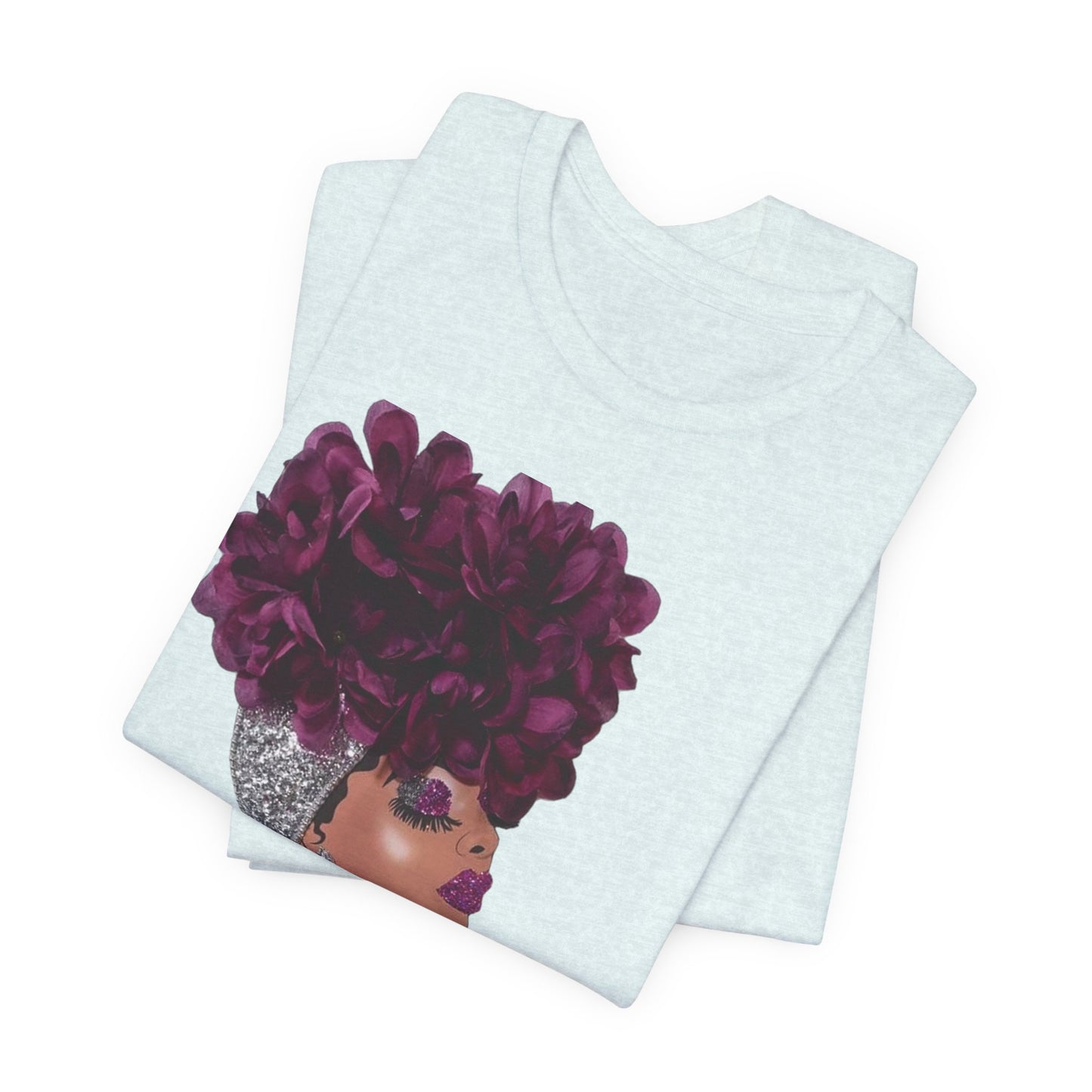 Floral Crown Fashion Tee — Glam Portrait Shirt with Purple Bloom Design