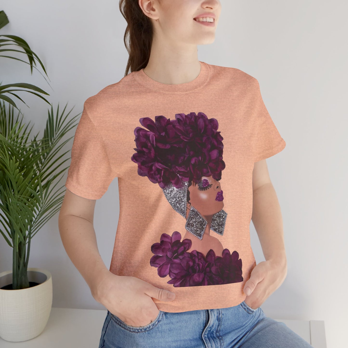 Floral Crown Fashion Tee — Glam Portrait Shirt with Purple Bloom Design