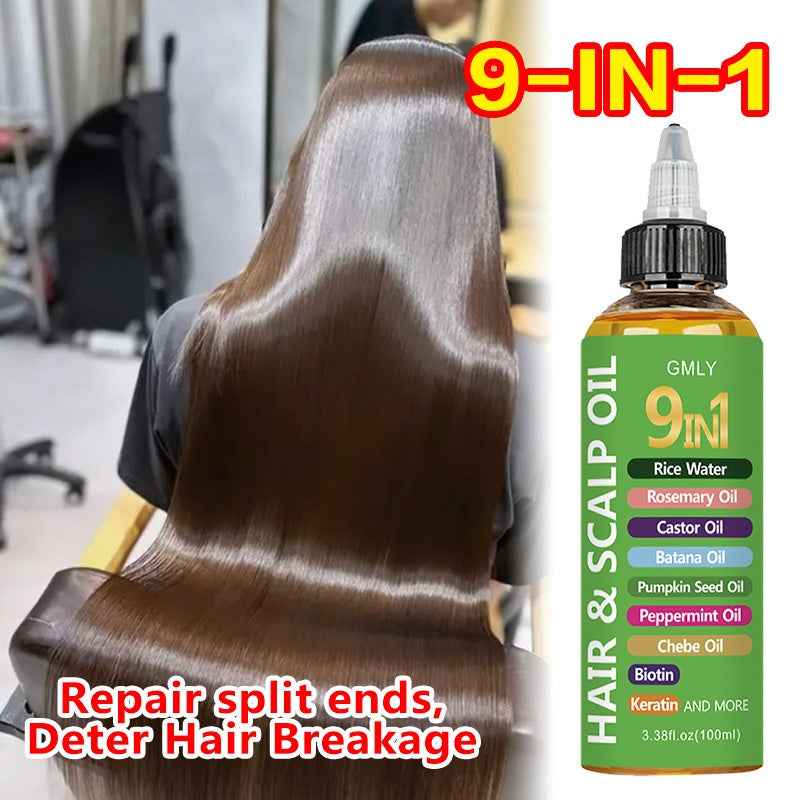 [9-in-1 Hair Oil] 9-in-1 Hair Oil with Rice Water, Rosemary Oil, Castor Oil, Batana Oil, Pumpkin Seed Oil, Peppermint Oil, Chebe Oil, Biotin, Keratin | Moisturizing Smoothness for All Hair Types, Split Ends, Deter Hair Breaka