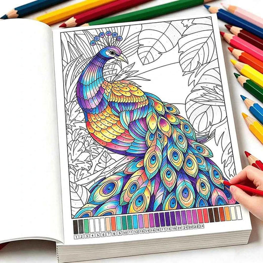 Color-by-number mandala page with peacock and leaves, bordered by a number color key and pencils