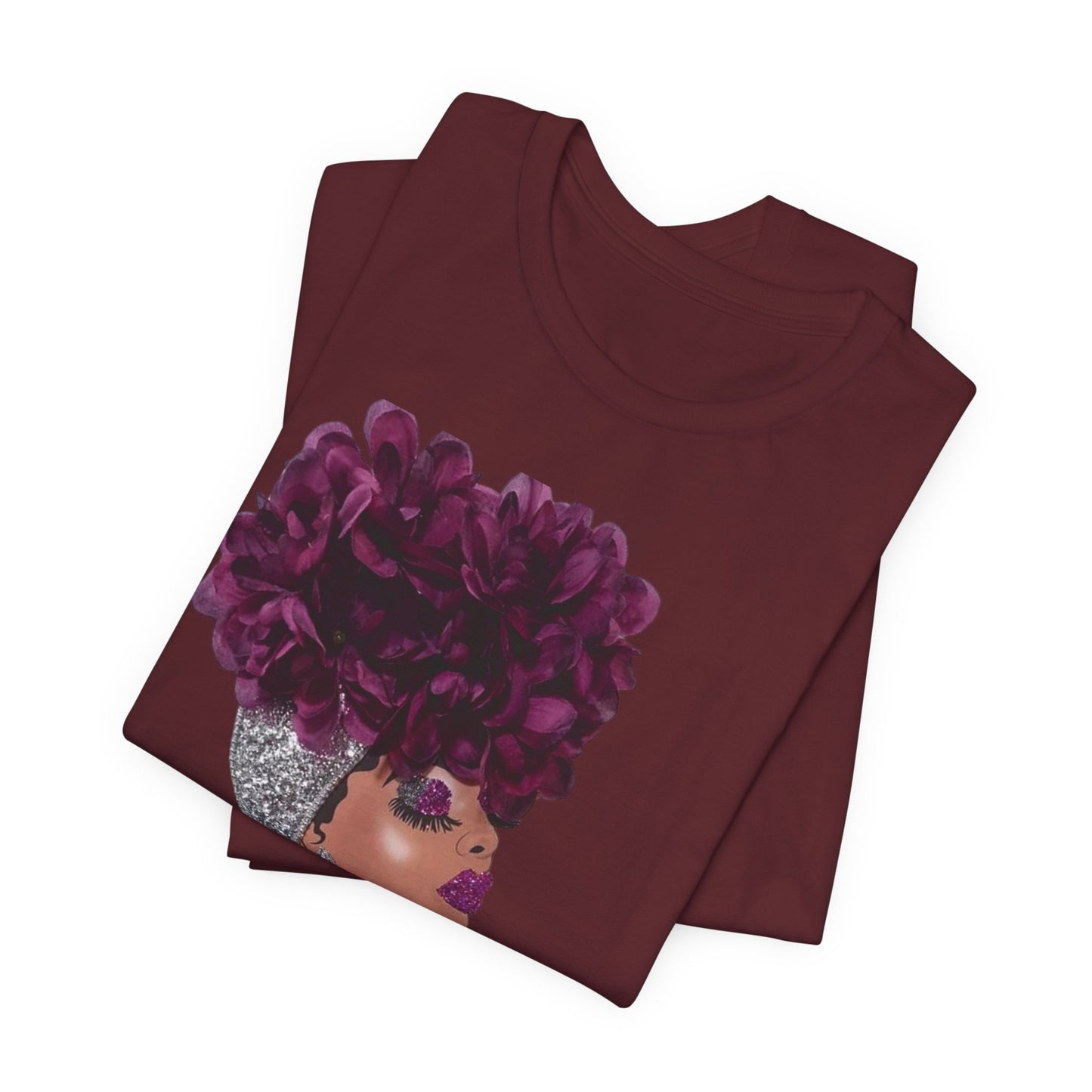 Floral Crown Fashion Tee — Glam Portrait Shirt with Purple Bloom Design
