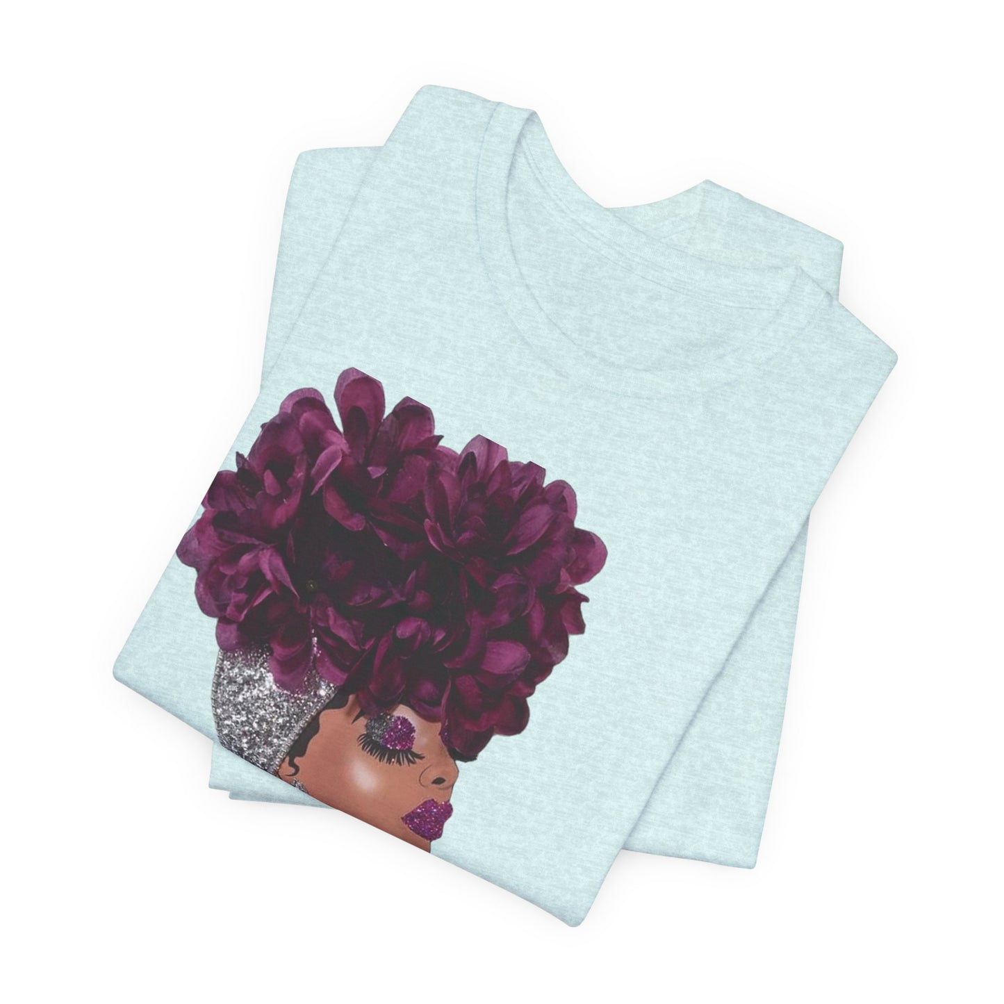 Floral Crown Fashion Tee — Glam Portrait Shirt with Purple Bloom Design