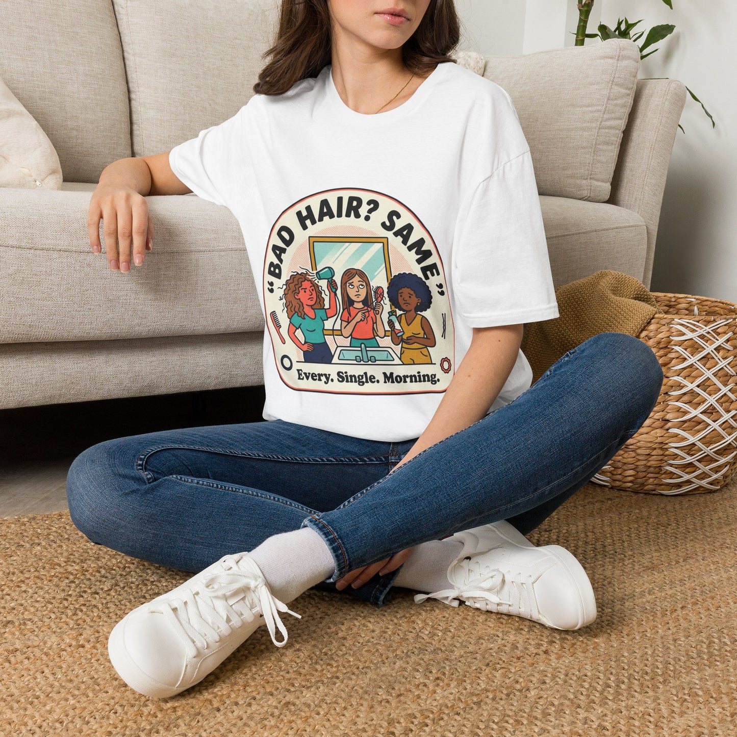 T-Shirt — "Bad Hair? Same. Every. Single. Morning." Graphic Tee for Women