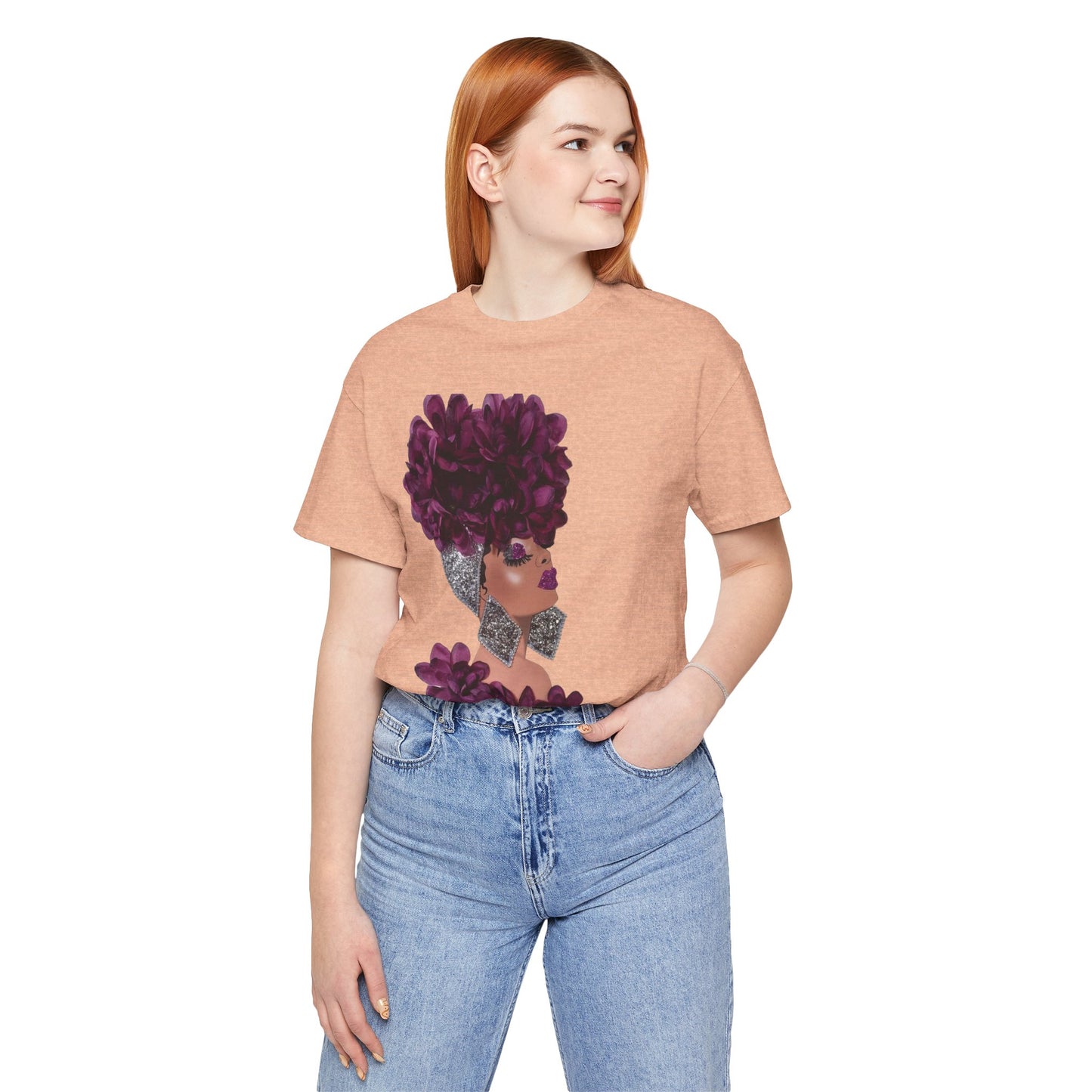 Floral Crown Fashion Tee — Glam Portrait Shirt with Purple Bloom Design