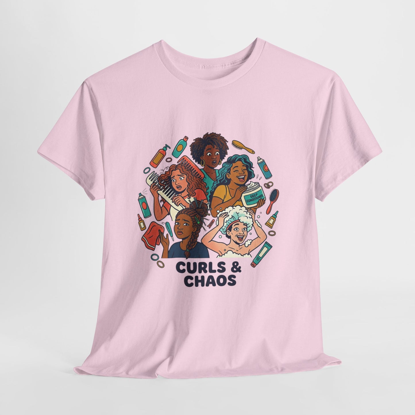 Curls & Chaos T-Shirt — Diverse Natural Hair Graphic Tee for Curly Hair Lovers