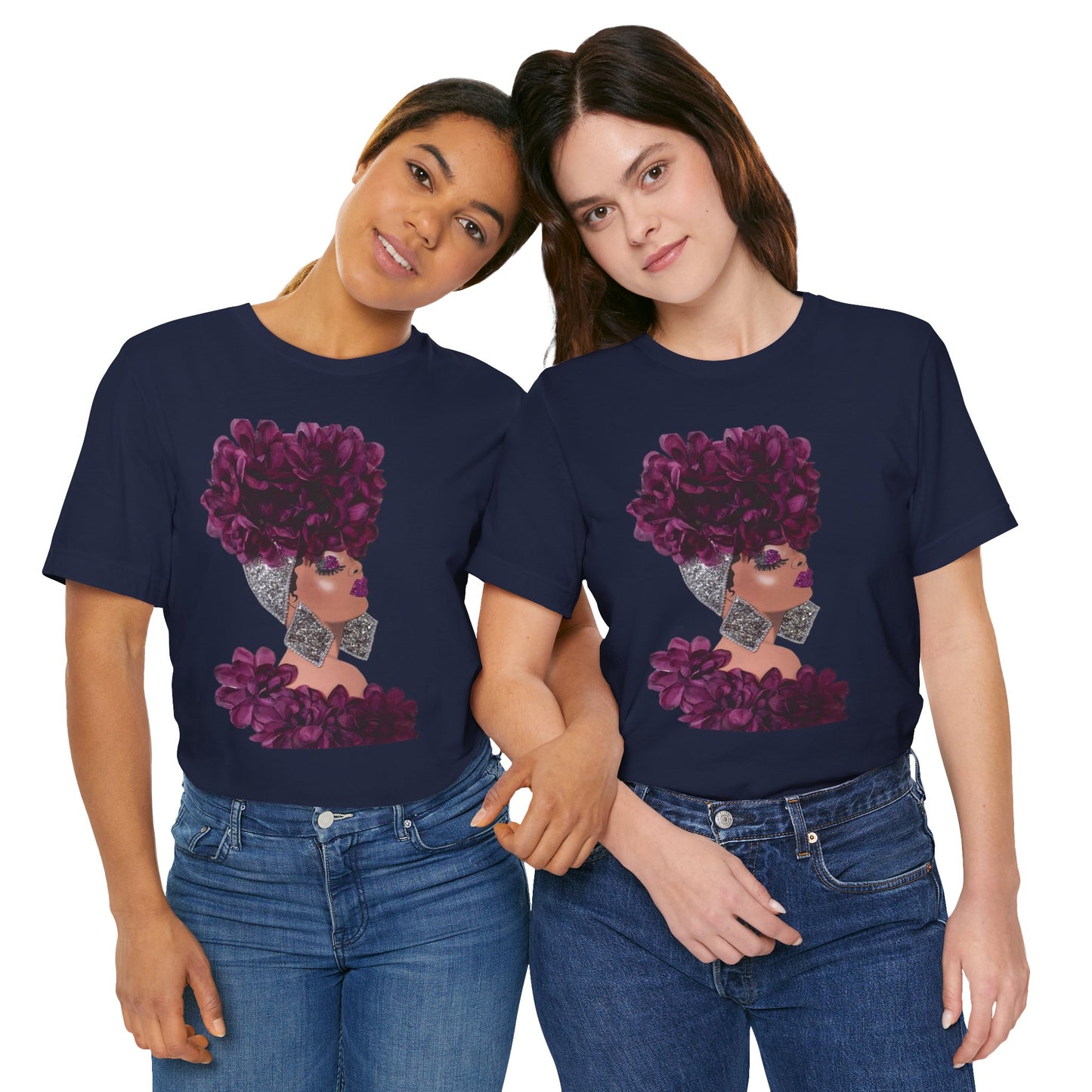 Floral Crown Fashion Tee — Glam Portrait Shirt with Purple Bloom Design