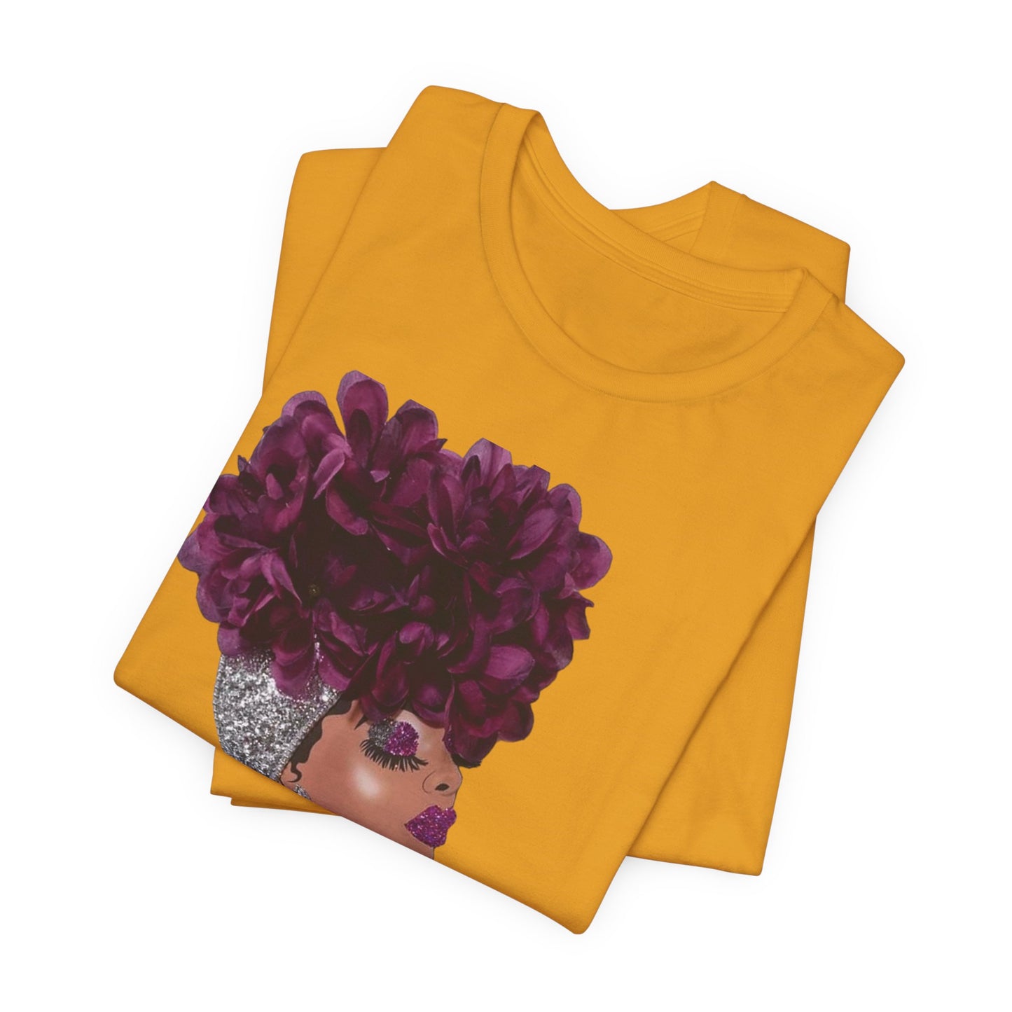 Floral Crown Fashion Tee — Glam Portrait Shirt with Purple Bloom Design