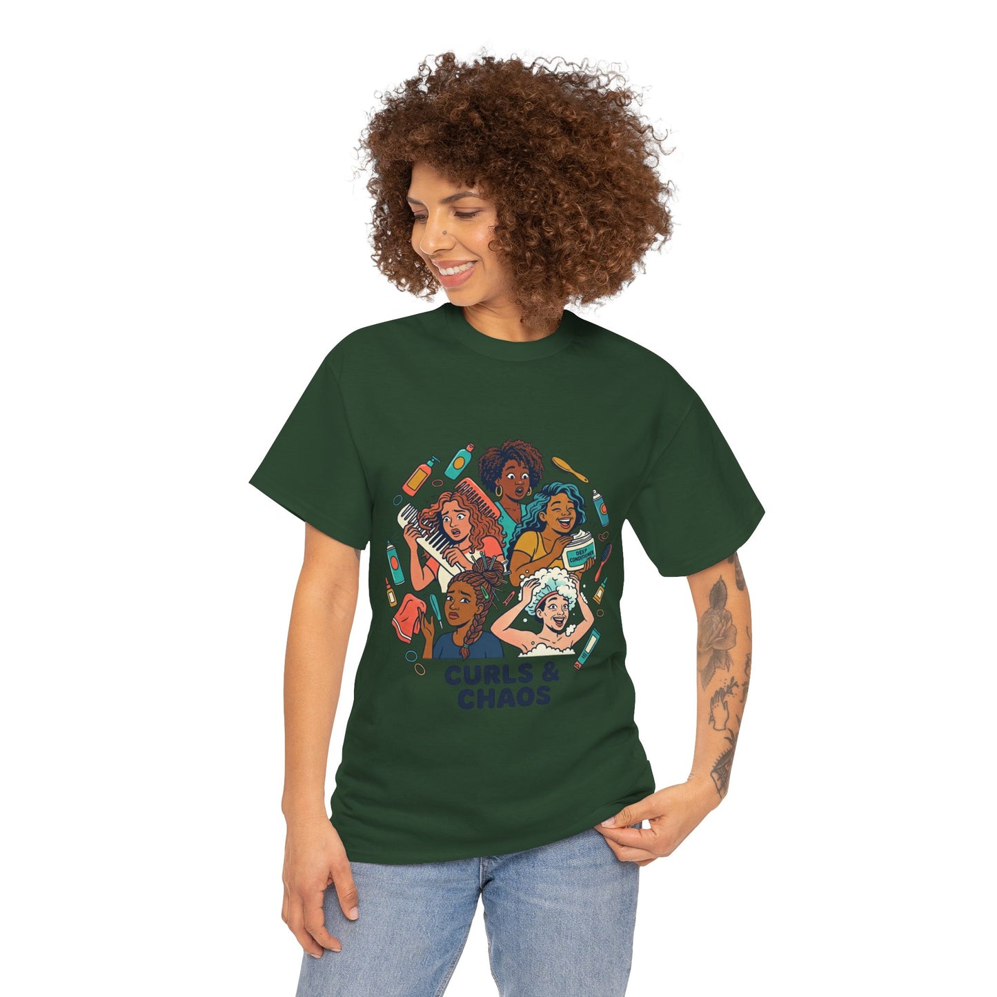 Curls & Chaos T-Shirt — Diverse Natural Hair Graphic Tee for Curly Hair Lovers