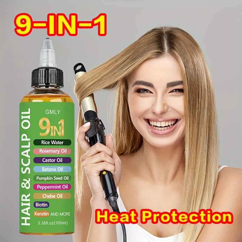 [9-in-1 Hair Oil] 9-in-1 Hair Oil with Rice Water, Rosemary Oil, Castor Oil, Batana Oil, Pumpkin Seed Oil, Peppermint Oil, Chebe Oil, Biotin, Keratin | Moisturizing Smoothness for All Hair Types, Split Ends, Deter Hair Breaka