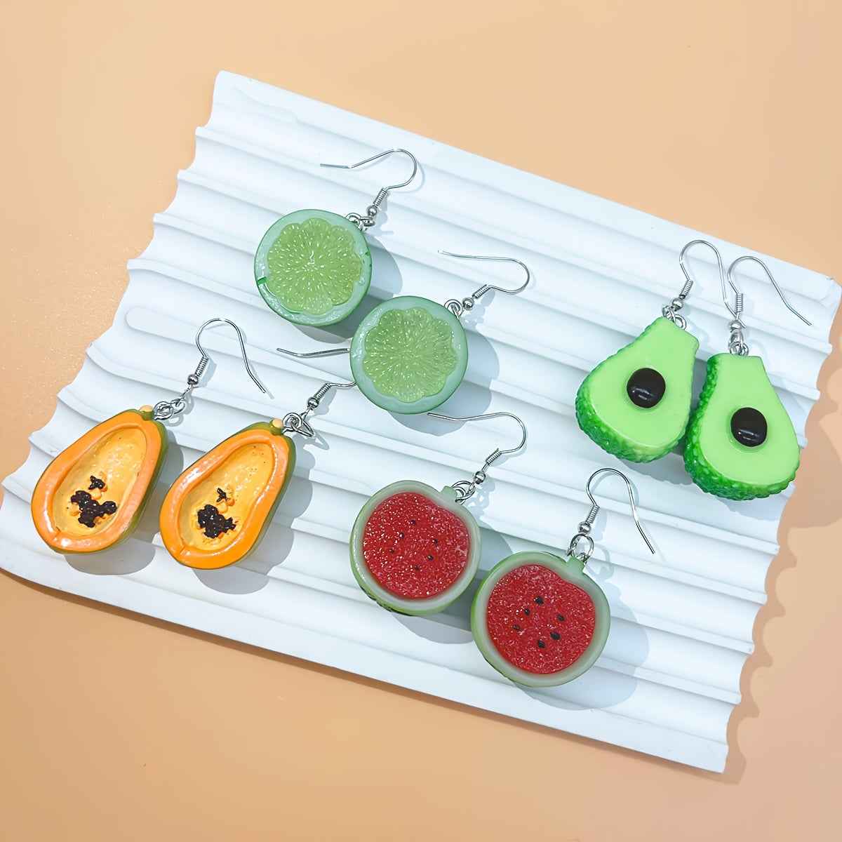 4 Pairs of Cute Resin Watermelon, Lemon, Avocado, and Papaya Funny Pendant Earrings Set for St, Patrick'S Day